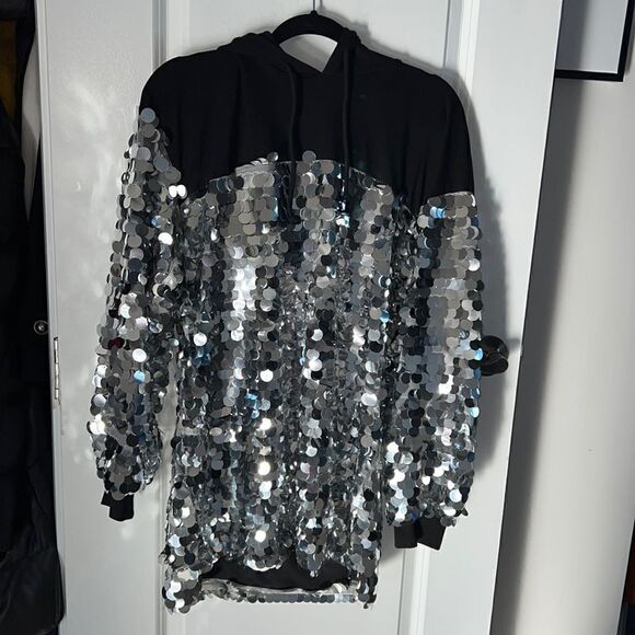 Hooded Black and Sequins Oversized Sweatshirt - Picture 1 of 5